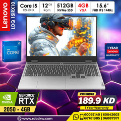 Gaming Laptop Lenovo LOQ 15IAX9 | Intel Core I5-12450HX Processor | Ram 12GB DDR5 | Storage 512GB NVMe  SSD | VGA NVIDIA GeForce RTX 2050 4GB GDDR6 |  Display 15.6″ Full HD (1920×1080) IPS, 144Hz |  Color  Luna Grey | 1 Year Waranty
