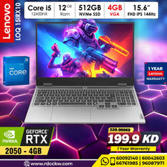Gaming Laptop Lenovo LOQ 15IAX9 | Intel Core I5-12450HX Processor | Ram 12GB DDR5 | Storage 512GB NVMe  SSD | VGA NVIDIA GeForce RTX 2050 4GB GDDR6 |  Display 15.6″ Full HD (1920×1080) IPS, 144Hz |  Color  Luna Grey | 1 Year Waranty