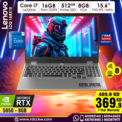 Gaming Laptop Lenovo Loq 15IRX10 | Intel Core i7-14700HX Processor | Ram 16GB DDR5 | Storage 512GB NVMe SSD | NVDIA RTX 5050 8GB VGA | Display 15.6" FHD IPS 144Hz | White Backlit Keyboard | Color Luna Grey | 1 Year Warranty