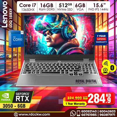 Gaming Laptop Lenovo Loq 15IRX9 | Intel Core i7-13650HX Processor | Ram 16GB DDR5 | Storage 512GB SSD NVMe |  NVIDIA GeForce RTX 3050 6GB | Display 5.6" FHD IPS 144Hz | Color Luna_Grey | 1 Year Warranty