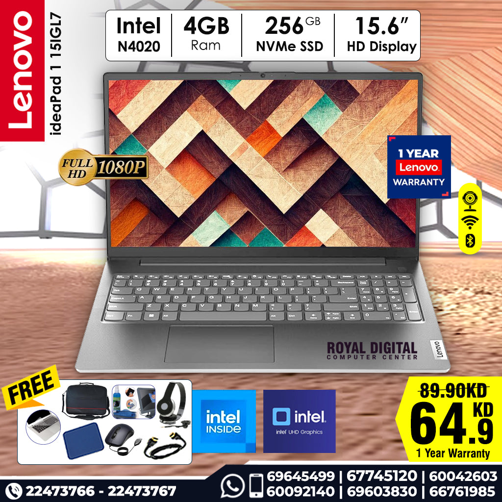 Laptop Lenovo IdeaPad 1 15IGL7 | Intel N4020 Processor |  4GB Ram DDR4 | Storage 256GB NVMe SSD  | Display 15.6 inches HD | Color Grey  | Dos - No Windows | 1 Year Warranty