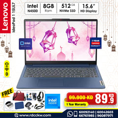 Laptop Lenovo IdeaPad 1 |  Intel Celeron N4500 Processor | RAM 8GB DDR4 | Storage 512GB NVMe SSD | Integrated Intel UHD Graphics | Display 15.6