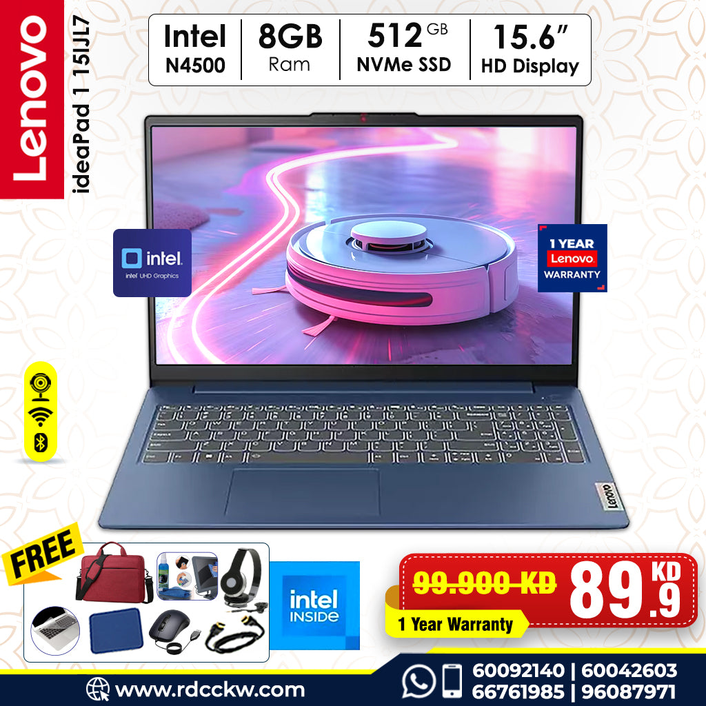Laptop Lenovo IdeaPad 1 |  Intel Celeron N4500 Processor | RAM 8GB DDR4 | Storage 512GB NVMe SSD | Integrated Intel UHD Graphics | Display 15.6" inch HD |  Abyss Blue | 1 Year Warranty