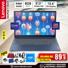 Laptop Lenovo IdeaPad 1 |  Intel Celeron N4500 Processor | RAM 8GB DDR4 | Storage 512GB NVMe SSD | Integrated Intel UHD Graphics | Display 15.6