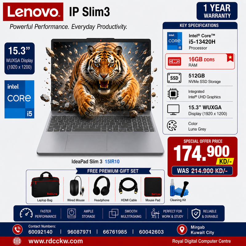 Laptop Lenovo IP Slim3 | Intel Core i5 13420H Processor | Ram 16GB DDR5 | Storage 512GB SSD NVme | Integrated Intel UHD Graphics | Display 15.3