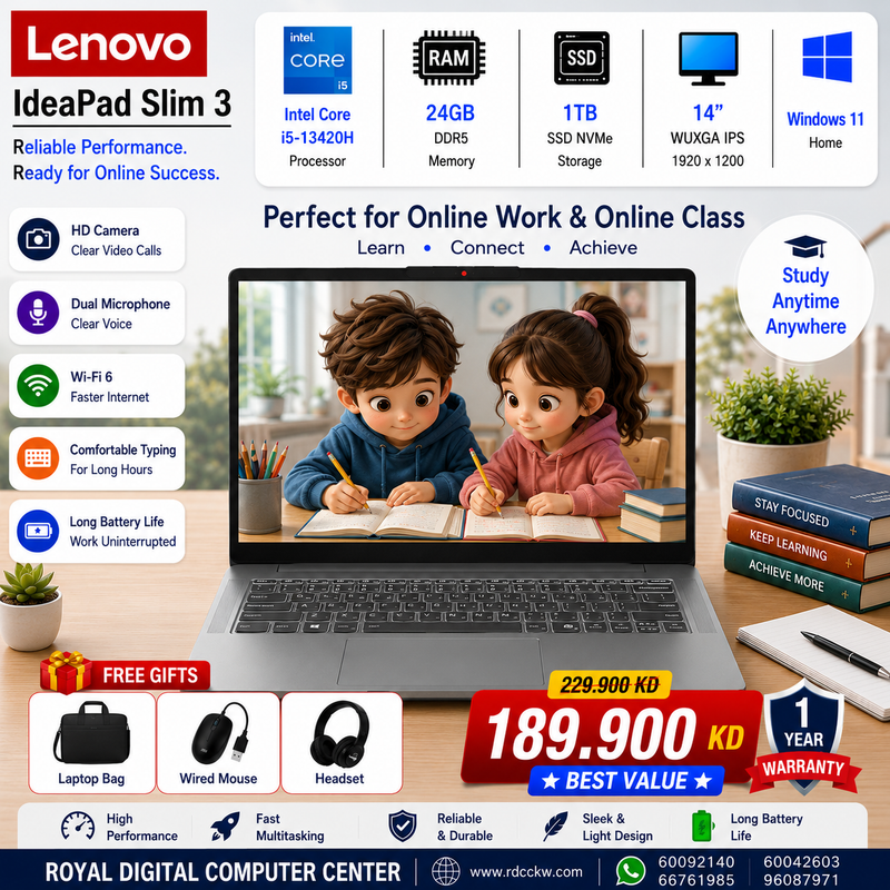Laptop Lenovo IdeaPad Slim 3 | Intel Core i5-13420H Processor | Ram 24GB DDR5 | Storage 1TB SSD NVMe | Display 14