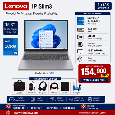Laptop Lenovo IP Slim3 | Intel Core i5 13420H Processor | Ram 8GB DDR5 | Storage 512GB SSD NVme | Integrated Intel UHD Graphics | Display 15.6" inch FHD Display | Color Luna Grey | 1 Year Warranty
