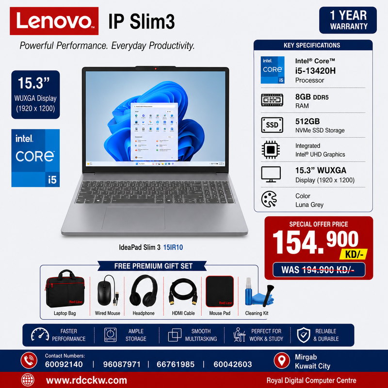 Laptop Lenovo IP Slim3 | Intel Core i5 13420H Processor | Ram 8GB DDR5 | Storage 512GB SSD NVme | Integrated Intel UHD Graphics | Display 15.6