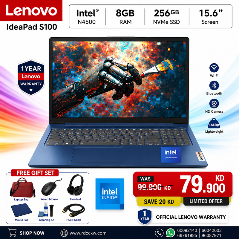 Laptop Lenovo IdeaPad 1 | Intel Celeron N4500 Processor | Ram 8GB DDR4 | Storage 256GB NVMe SSD | Integrated Intel UHD Graphics | Display 15.6