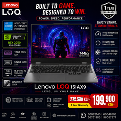 Gaming Laptop Lenovo LOQ 15IAX9 | Intel Core I5-12450HX Processor | Ram 12GB DDR5 | Storage 512GB NVMe  SSD | VGA NVIDIA GeForce RTX 2050 4GB GDDR6 |  Display 15.6″ Full HD (1920×1080) IPS, 144Hz |  Color  Luna Grey | 1 Year Waranty