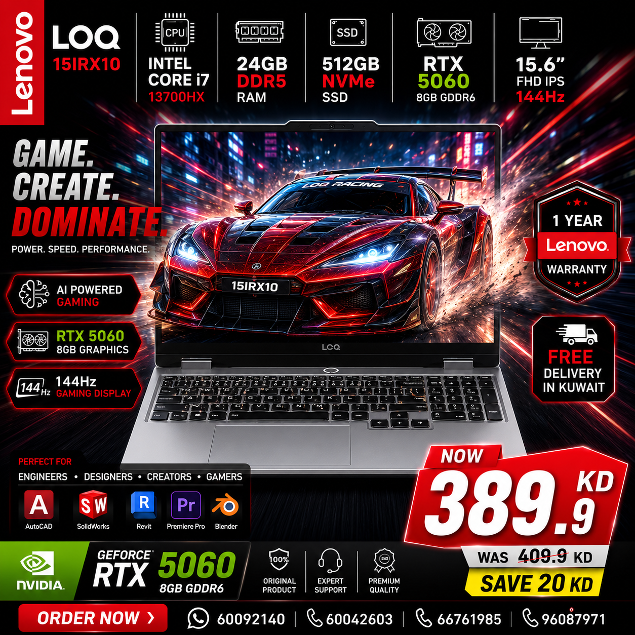 Gaming Laptop Lenovo LOQ 15IRX10 | Intel Core i7-13700HX Processor | Ram 24GB DDR5 | Storage 512GB SSD NVMe | NVIDIA RTX5060 8GB | Display 15.6FHD IPS 144Hz | Color Luna Grey | 1 Year Warranty