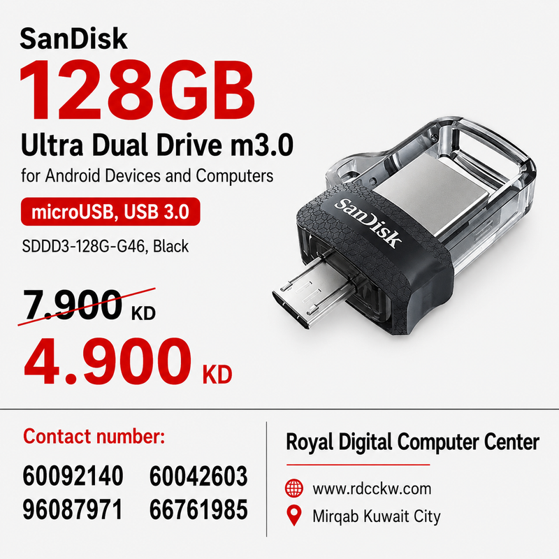 SanDisk 128GB Ultra Dual Drive m3.0 for Android Devices and Computers - microUSB, USB 3.0 - SDDD3-128G-G46, Black
