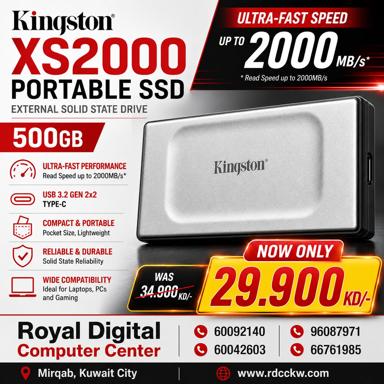 External SSD Kingston 500GB Portable SSD XS2000 External Solid State Drive, 2000MB/s