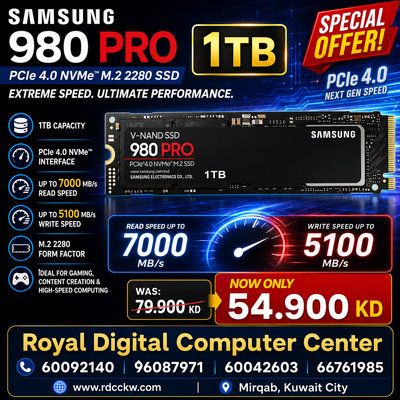 Samsung 980 PRO 1TB PCIe 4.0 NVMe™ M.2 2280 SSD – 7000MB/s Read  5100MB/s Write