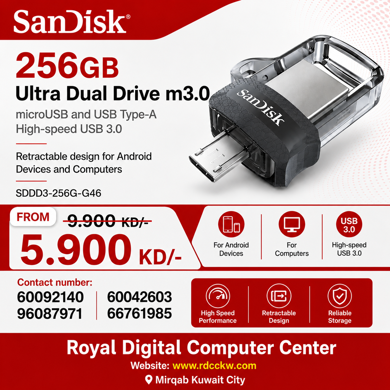 SanDisk 256GB Ultra Dual Drive m3.0, microUSB and USB Type-A, High-speed USB 3.0, Retractable design for Android Devices and Computers - SDDD3-256G-G46