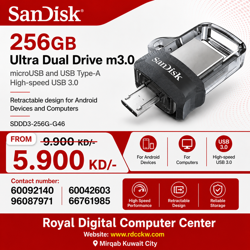 SanDisk 256GB Ultra Dual Drive m3.0, microUSB and USB Type-A, High-speed USB 3.0, Retractable design for Android Devices and Computers - SDDD3-256G-G46
