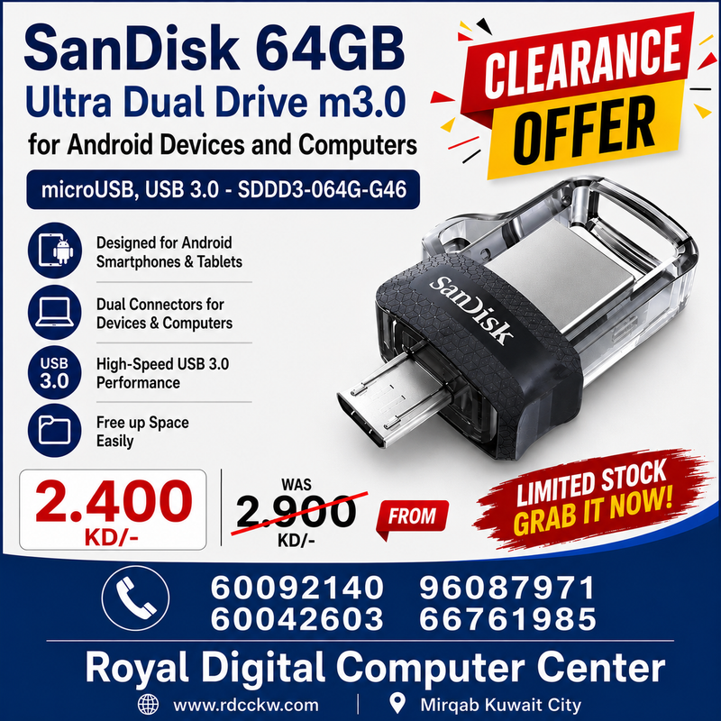 SanDisk 64GB Ultra Dual Drive m3.0 for Android Devices and Computers - microUSB, USB 3.0 - SDDD3-064G-G46 , Black