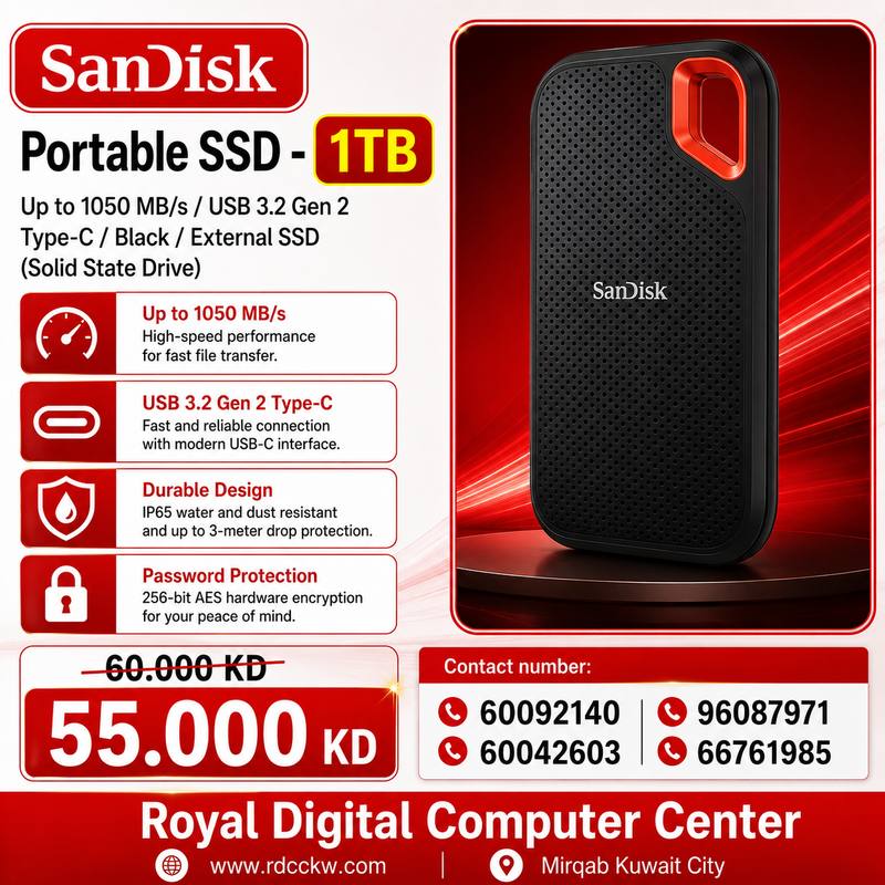 SanDisk Extreme Portable SSD - 1TB / Up to 1050 MB/s / USB 3.2 Gen 2 Type-C / Black / External SSD (Solid State Drive)