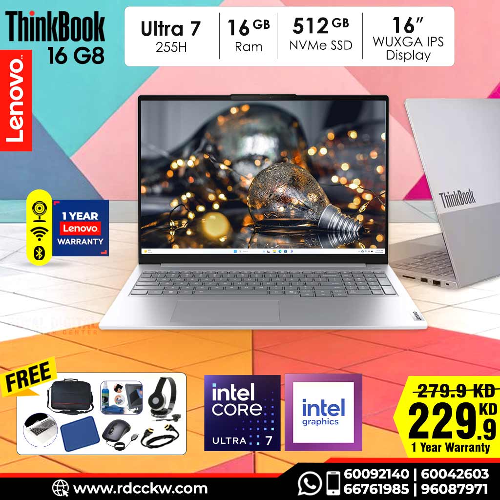 Laptop Lenovo ThinkBook 16 G8 AI PC | Intel Core  Ultra 7 255H Processor | 16GB RAM DDR5 |  | Storage 512 SSD NVMe | Integrated Intel  Arc 140T GPU | 16.0" WUXGA (1920 x 1200), IPS | Color Artic Grey | Dos-No Windows | 1 Year warranty