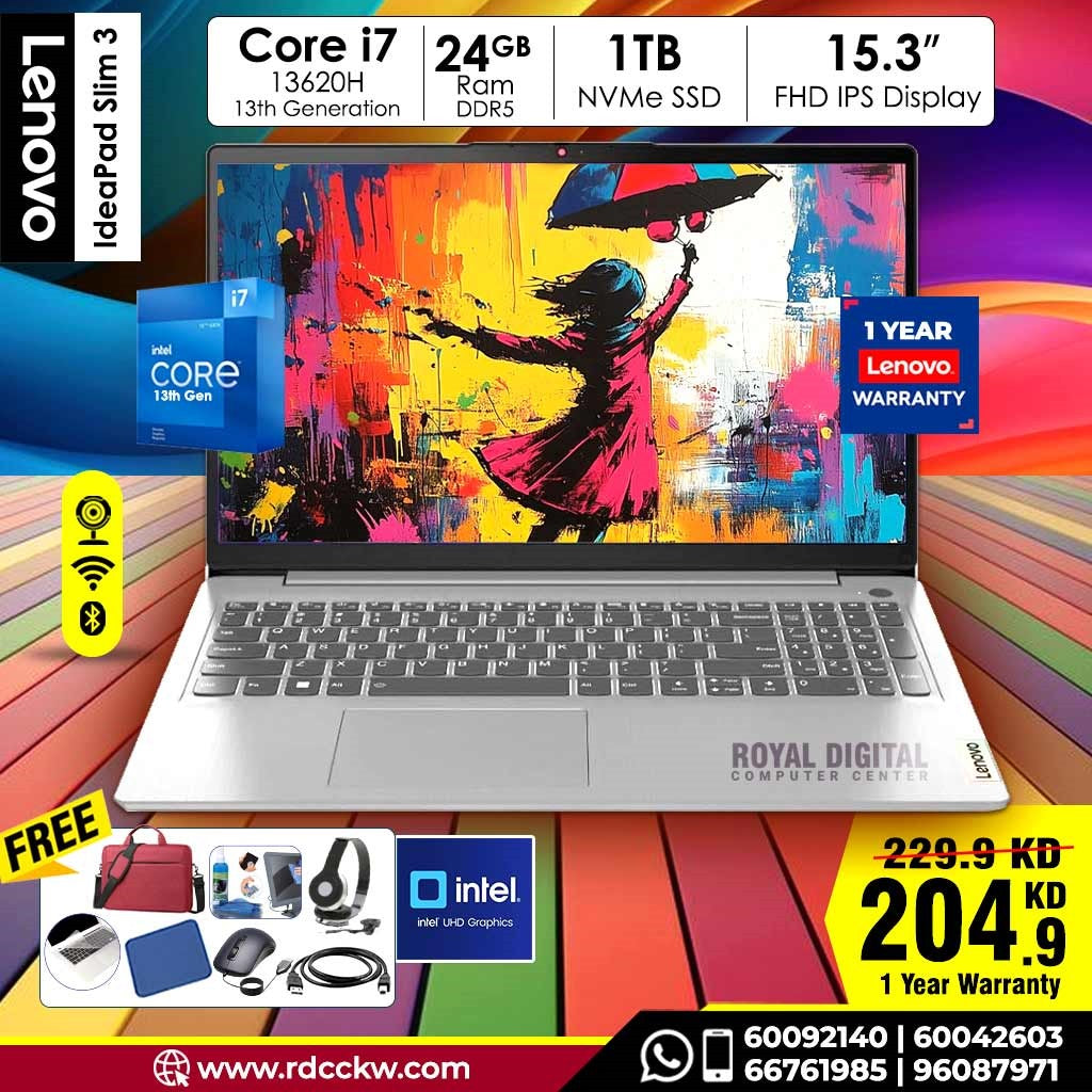 لابتوب لينوفو آيدياباد سليم 3 | معالج إنتل كور i7 من الجيل الثالث عشر | ذاكرة وصول عشوائي (RAM) سعة 24 جيجابايت | قرص تخزين SSD سعة 1 تيرابايت | شاشة 15.3 بوصة عالية الدقة بالكامل بتقنية IPS | ضمان لمدة عام 