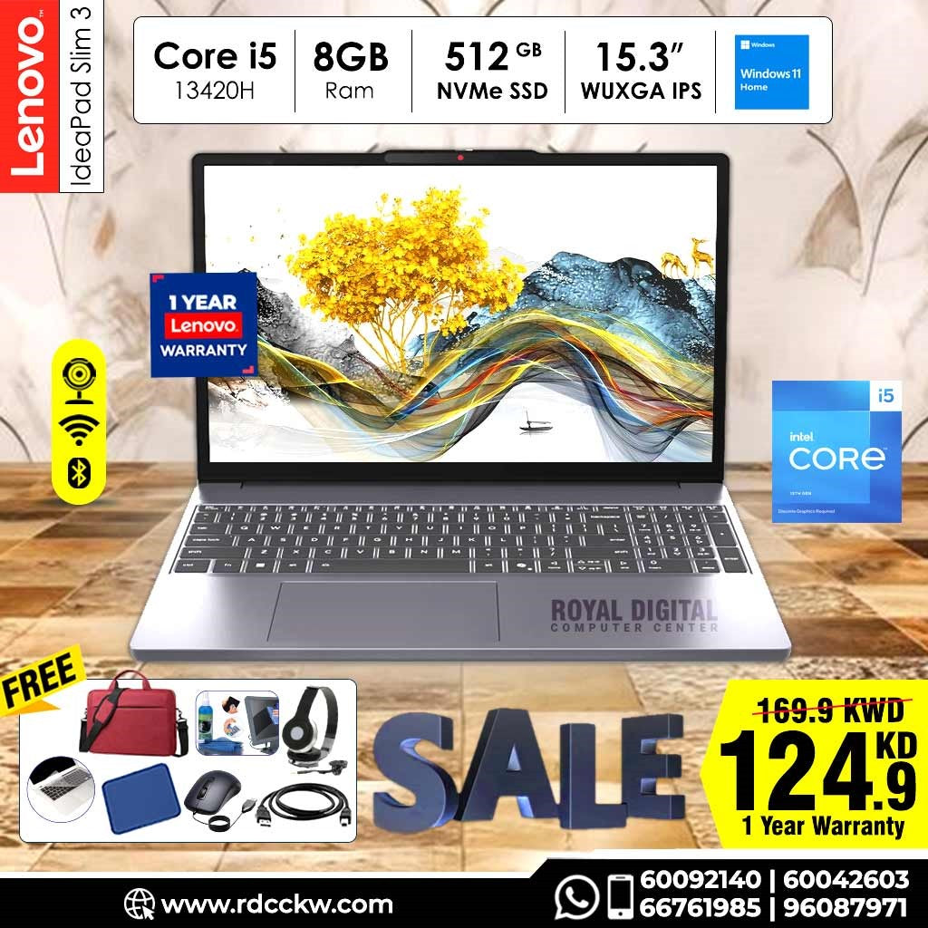 Laptop Lenovo IdeaPad Slim 3 | Intel Core i5 | 8GB RAM | 512GB SSD | W11 | 15.3" IPS | 1-Year Waraanty