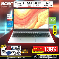 Laptop Acer Aspire Lite | Intel Core i5-1334U Processor  | 16GB DDR5 Ram | Storage 512GB NVMe SSD | Intel UHD Graphics | Color Silver | 16