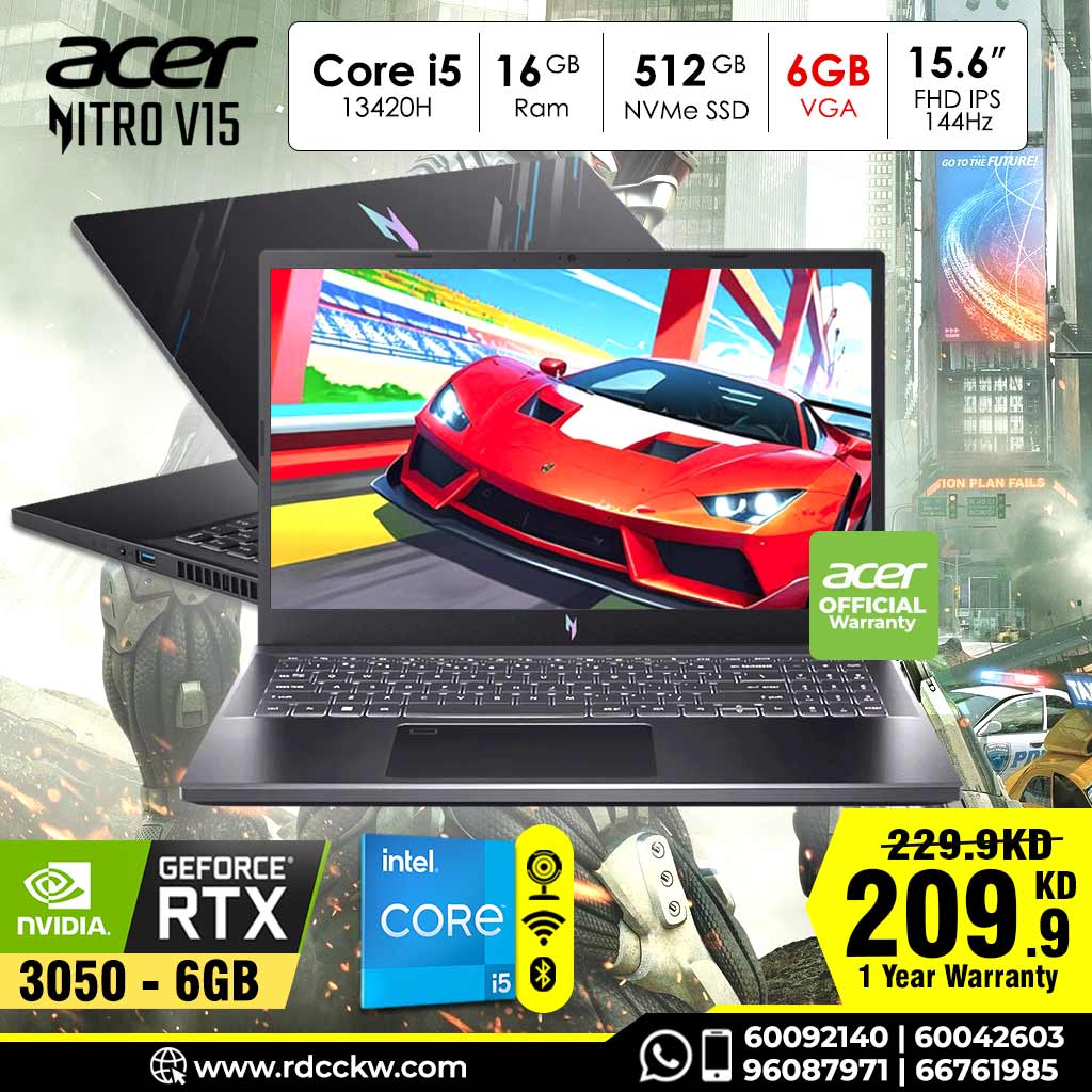 Laptop Acer Nitro V 15, Intel Core i5-13420H, 16GB,  512GB, RTX 3050 6GB, 15.6" FHD, Black, Dos, 1 Year