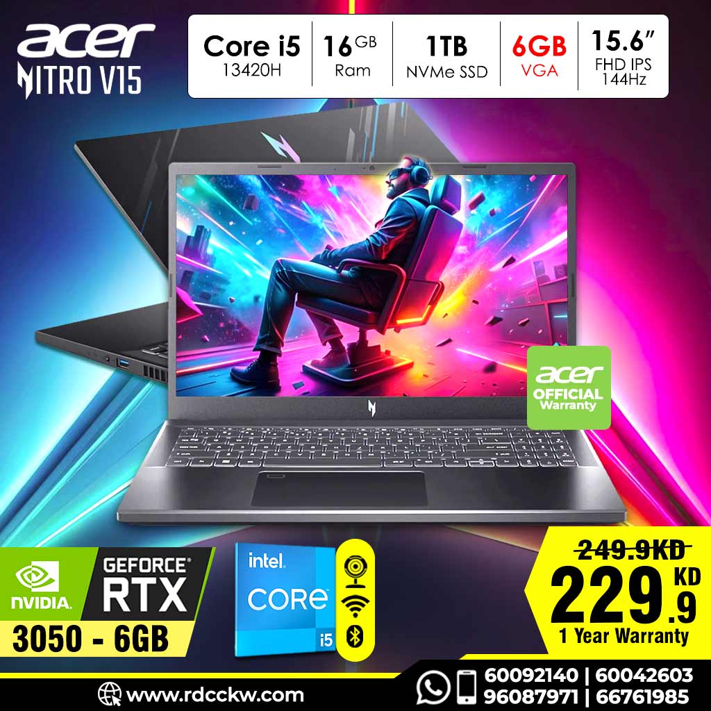 Laptop Acer Nitro V 15, Intel Core i5-13420H, 6GB, 1TB, RTX 3050 6GB, 15.6 FHD,  Black, Dos, 1 Year