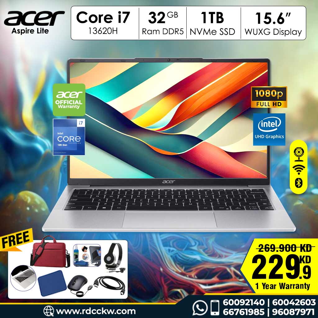 Laptop Acer Aspire Lite | Intel Core i7-13620H Processor | Ram 32GB DDR5 | Storage 1TB SSD NVMe | Display 15.6 FHD IPS | Color Silver | 1 Year Warranty