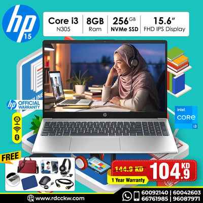 Laptop HP 15-fd0133wm | Intel Core i3-N305 Processor | Ram 8GB DDR4 | Storage 256GB NVMe SSD | Integrated Intel UHD Graphics | Display 15.6" FHD | Windows 11 Home | Color Natural Silver | 1 Year Warranty