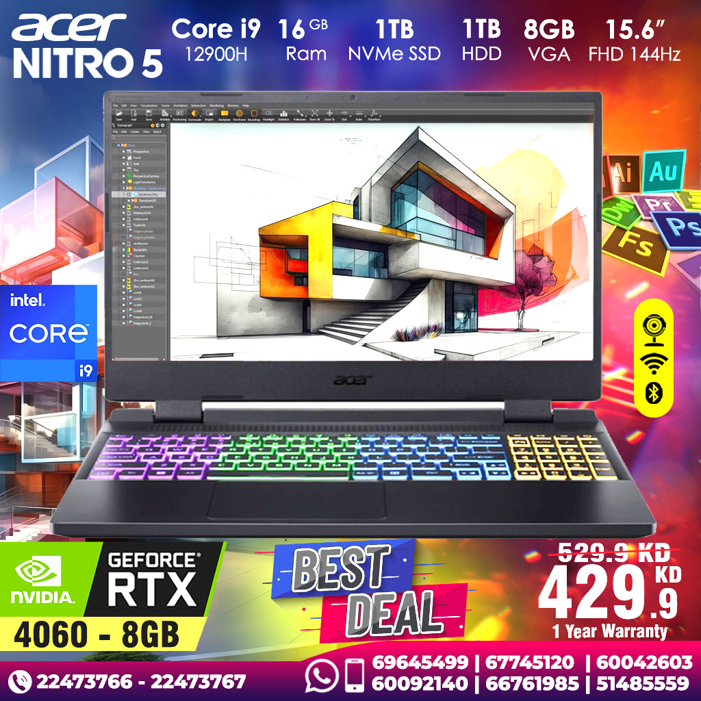 Acer Nitro 5 Core i9-12900H RTX4060 8GB VGA 16GB Ram 1TB SSD 1TB HDD 15.6inch FHD 144Hz
