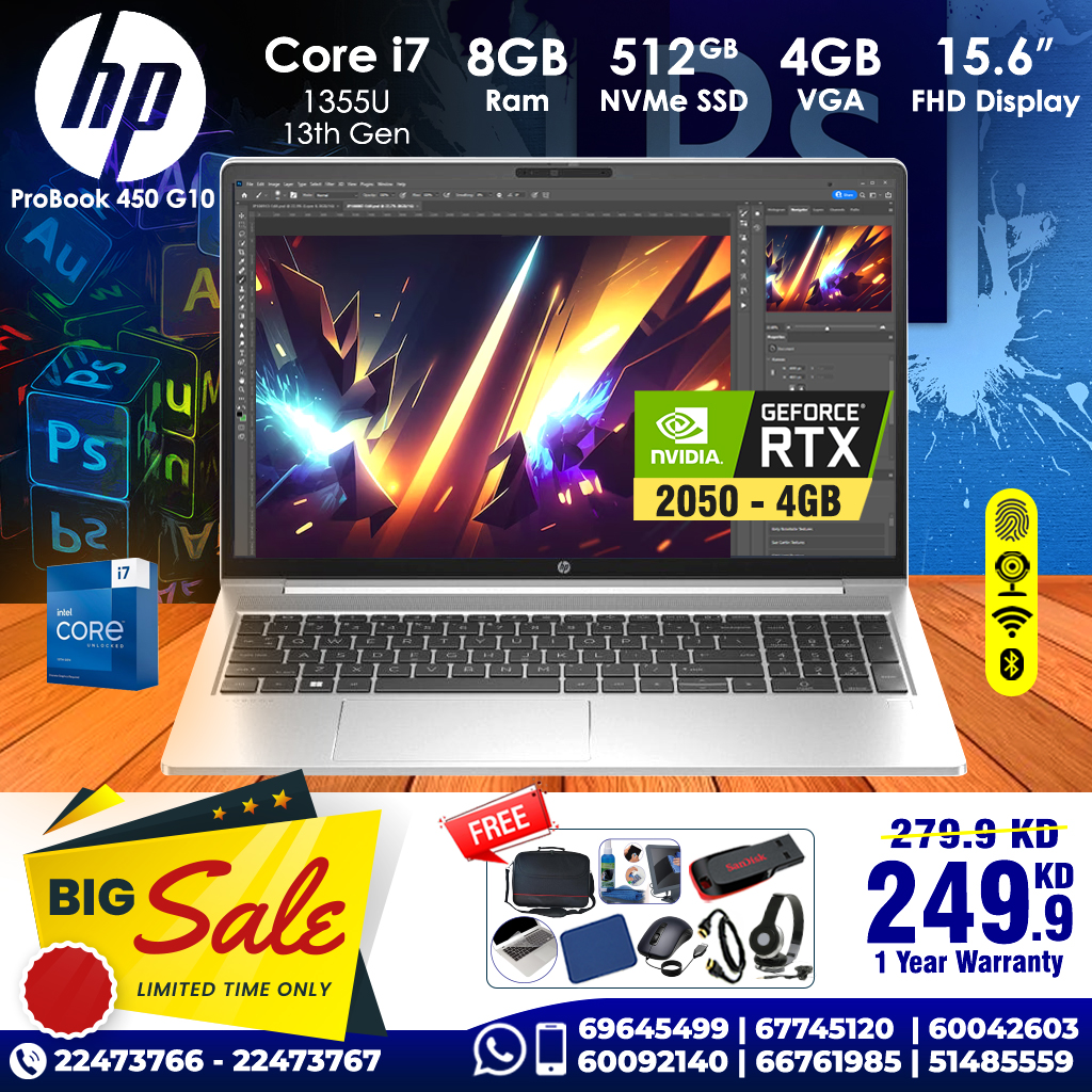 HP ProBook 450 G10  i7-1355U 13th RTX 4GB VGA 8GB Ram 512 SSD 15.6inch FHD