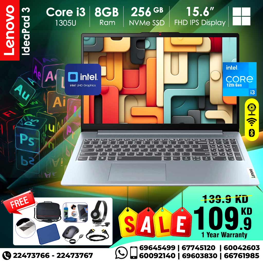 Lenovo IdeaPad Slim 3 Core i3 Processor 8GB Ram 256 GB NVMe SSD 15.6-inch Full HD Display